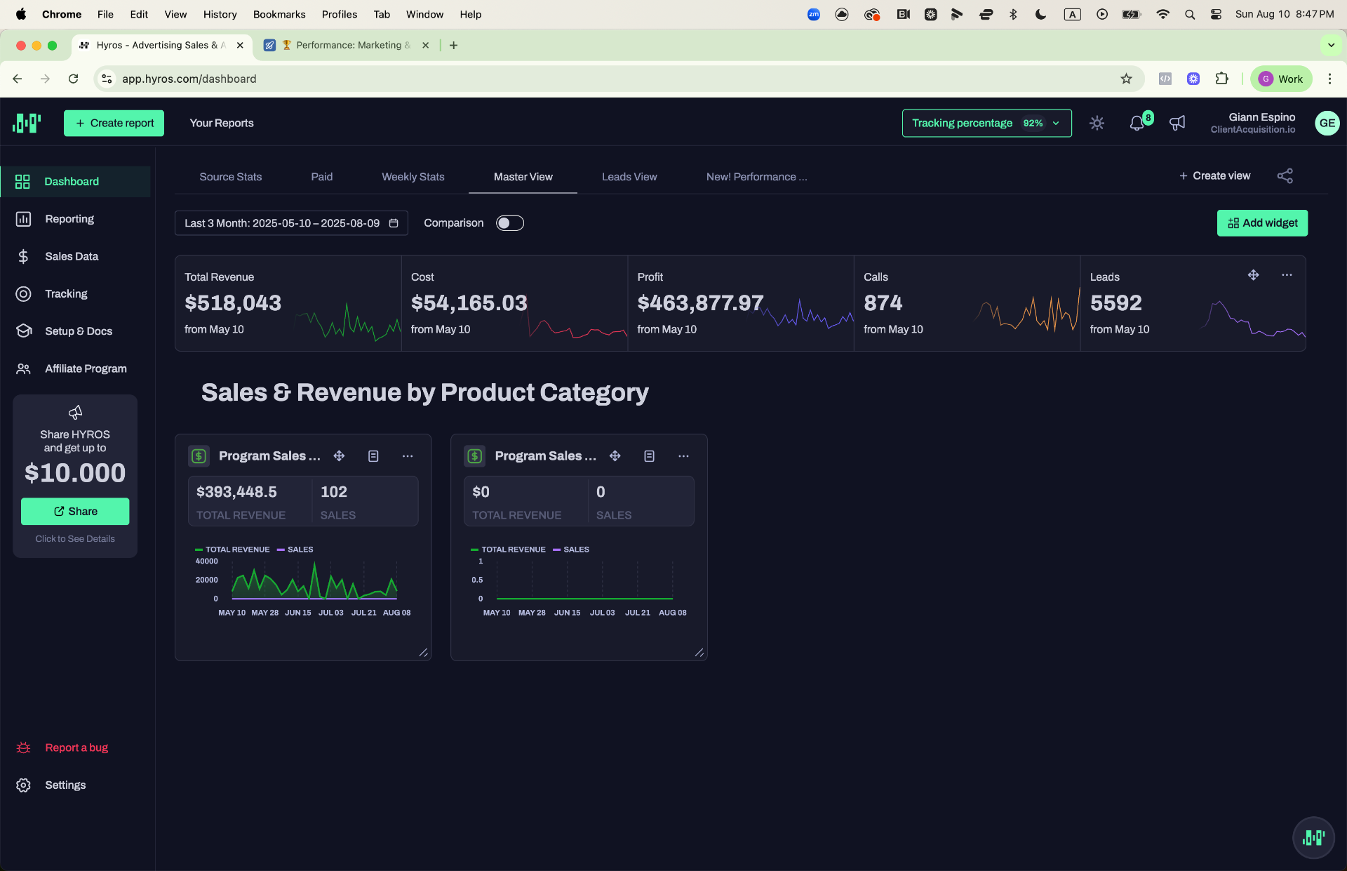 Hyros — 3-Month Master View: $518K Revenue, 874 Calls