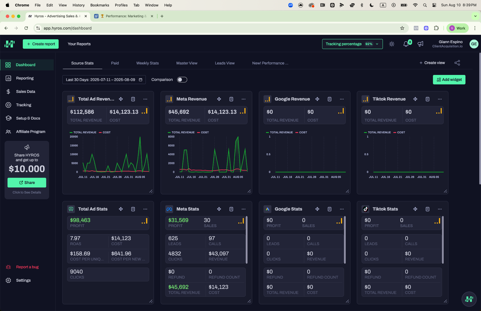 Hyros — 30-Day Source Stats: $112K Revenue