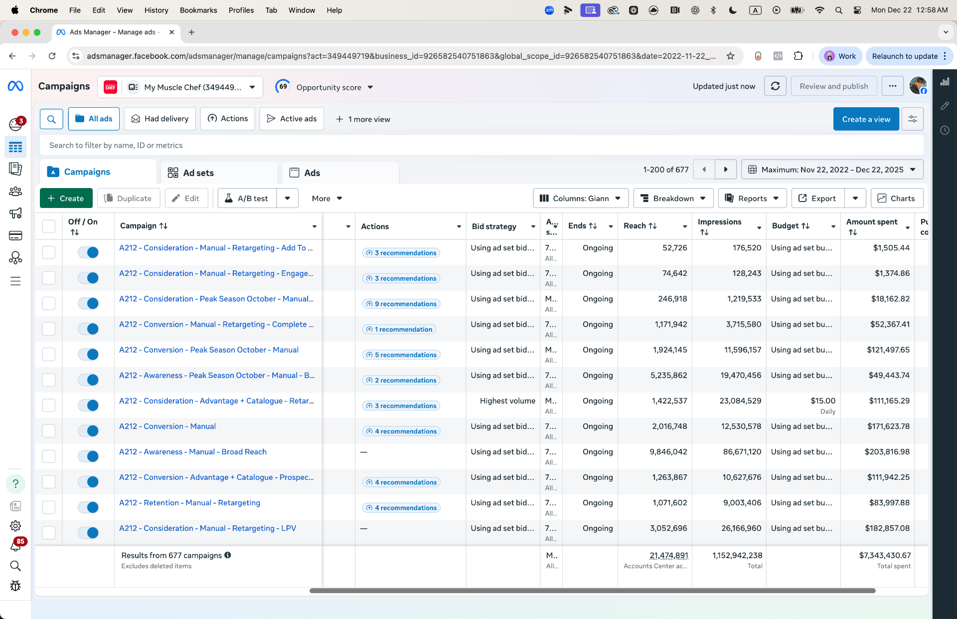 Meta Ads Manager — $7.34M Spent, 677 Campaigns (Full View)